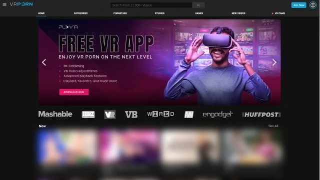 A screen shot taken by SEXTECHGUIDE of VRPorn.com's homepage, showing a banner for a free virtual reality app.