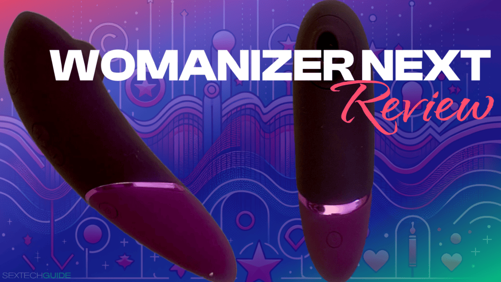 Deluxe Womanizer Next sex toy review with vibrant digital background, highlighting innovative pleasure technology for women.