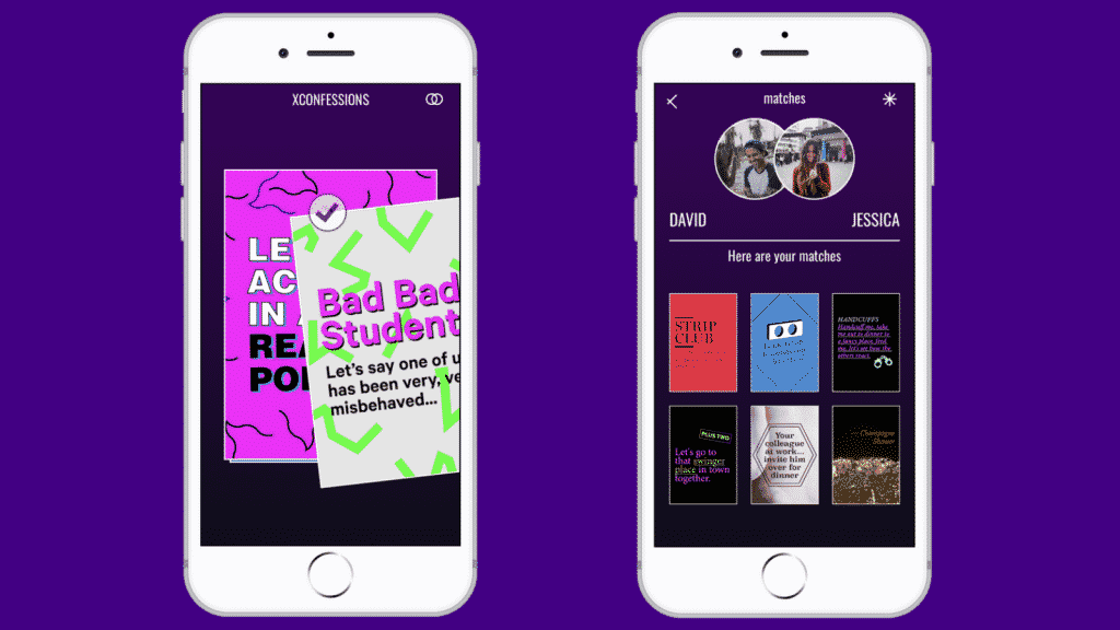 Two iPhones displaying the XConfessions app.