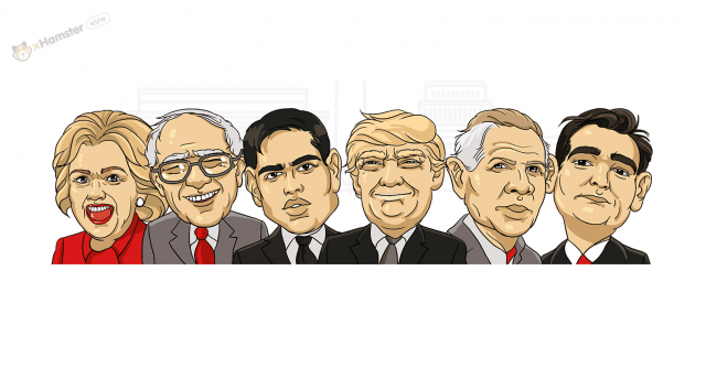 A cartoon image of a group of people with presidential candidates.